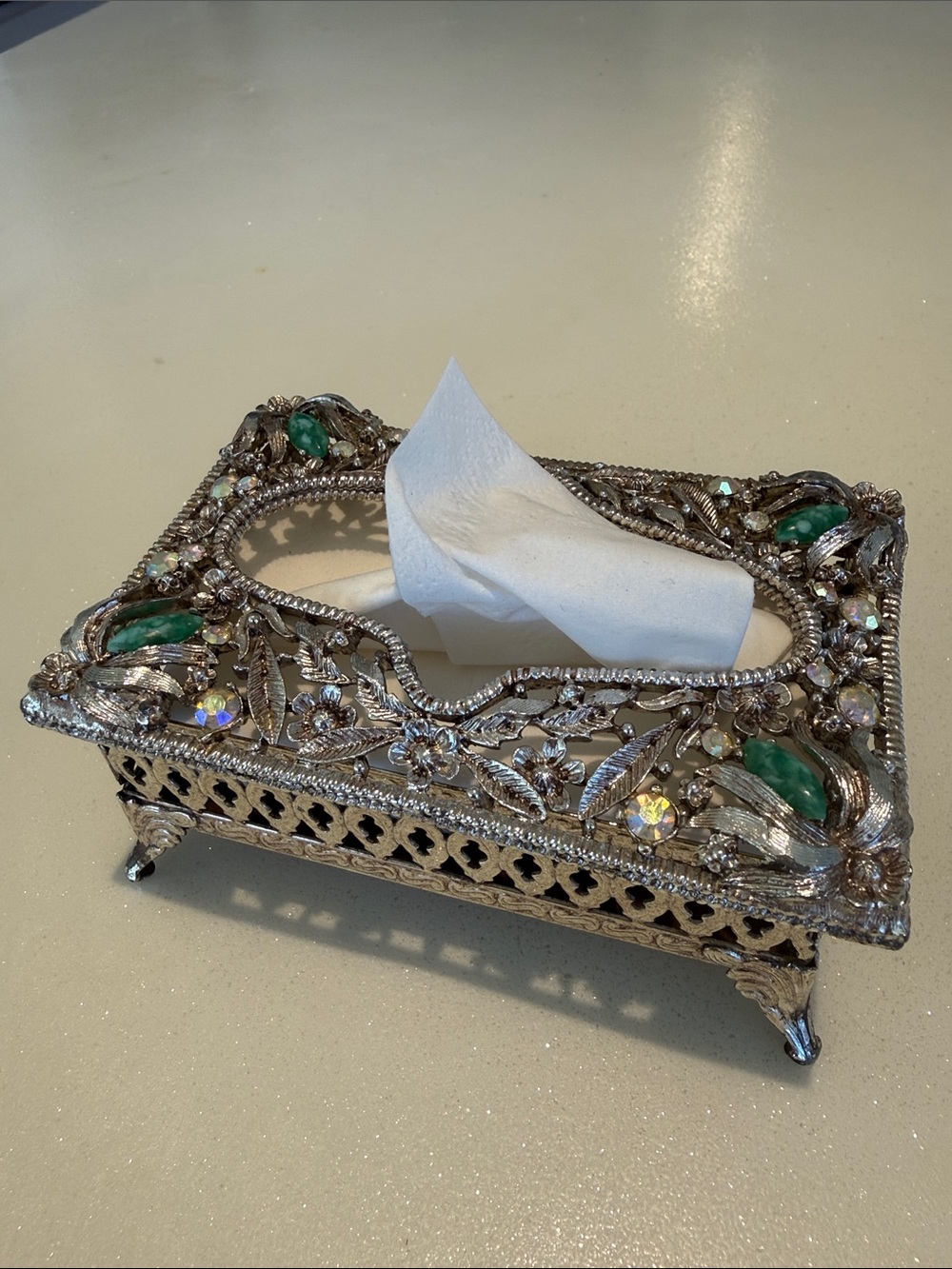 Hollywood Regency Decorative Silver-Tone Jewel Tissue Box Vintage 60s